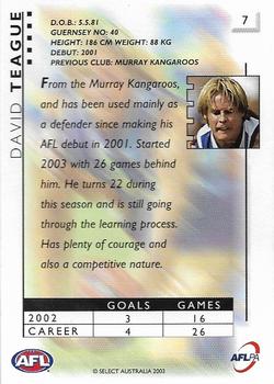 2003 Select XL Ultra AFL #7 David Teague Back